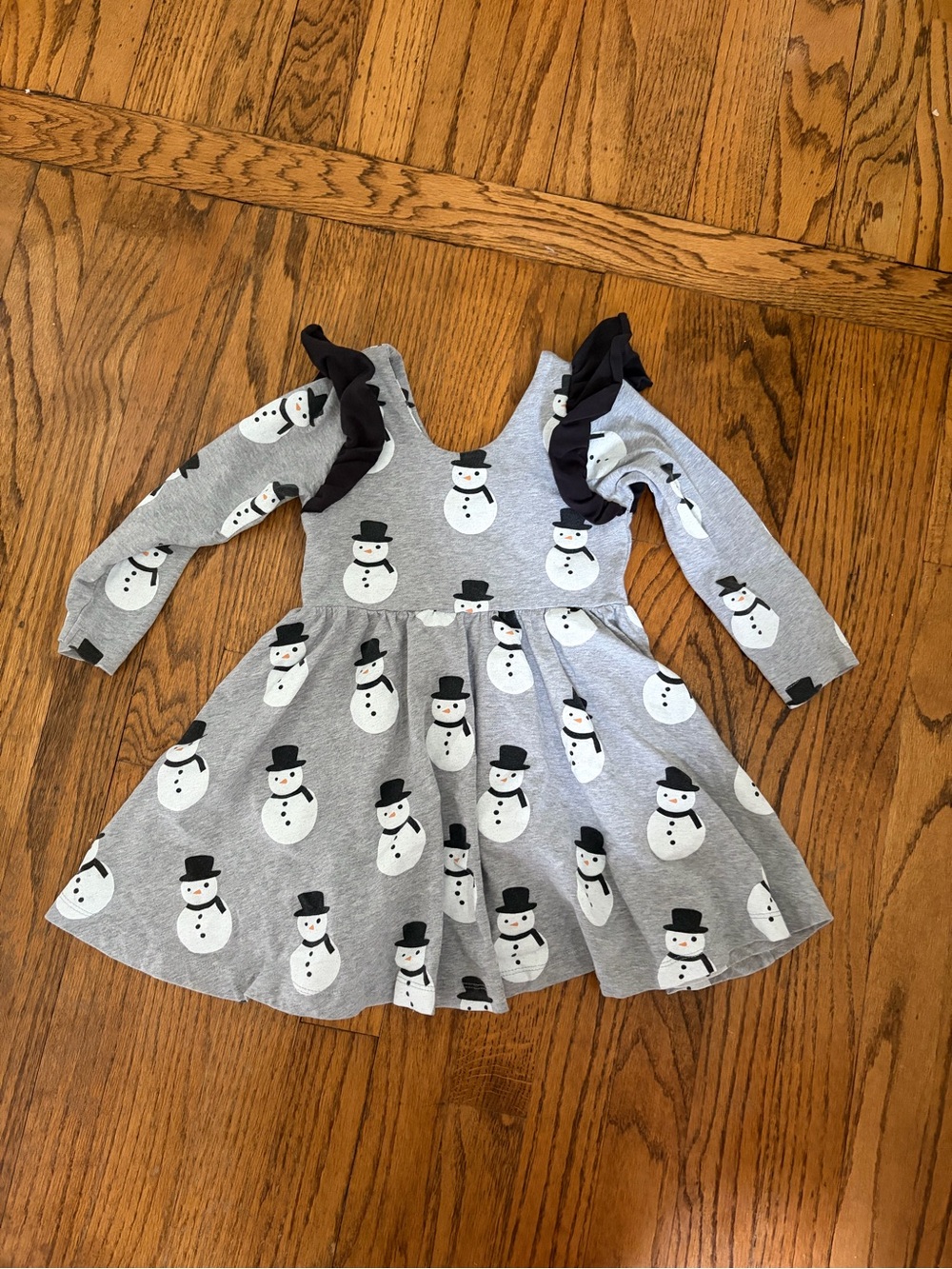 Monica + Andy 3T Girls' Gray Snowman Print Dress with Black Ruffle Details
